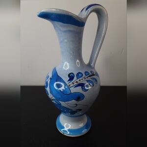 Blue Hand-Painted Ceramic Pitcher Vase - Decorative Home Art